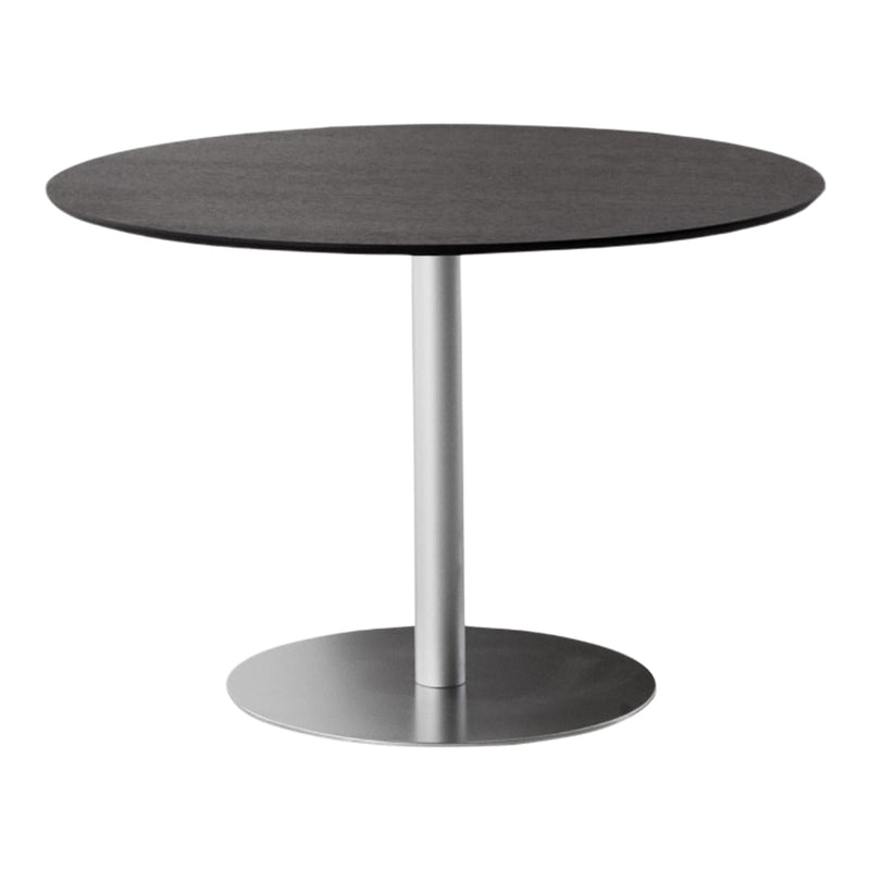 Round black tabletop with a smooth surface, silver metal base, and minimalistic design. Ideal for modern decor.