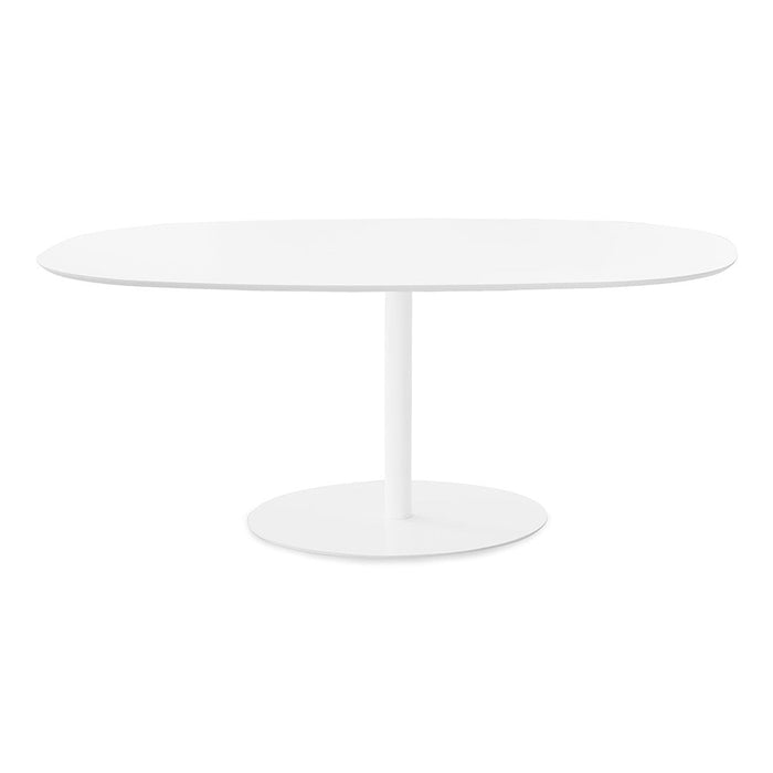 Oval white dining table with a sleek, modern design and a smooth, minimalist surface. Perfect for contemporary spaces.
