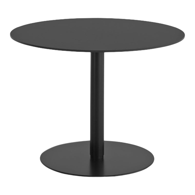 Black round table with a sleek, minimalist design and smooth matte finish, perfect for modern decor.