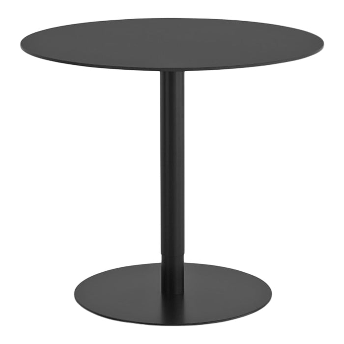 Black round table with a smooth finish and a minimalist design, featuring a cylindrical base and sturdy round top.