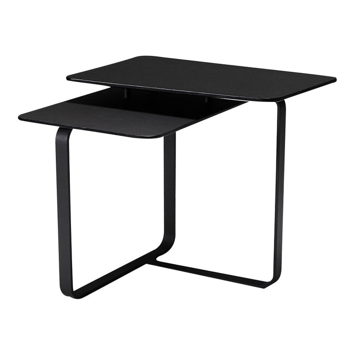 Black modern side table with clean lines and a minimalist design, featuring a sleek, smooth surface.