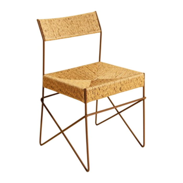 Natural woven seat with a tan finish and a sturdy brown metal frame. Minimalist design with clean lines.