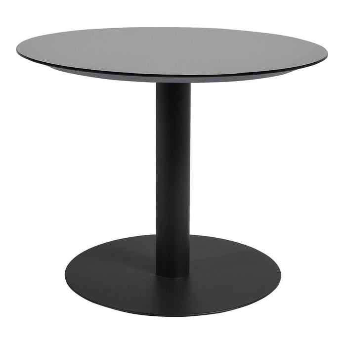 Round black dining table with a sleek, minimal design and smooth gray tabletop, perfect for modern interiors.