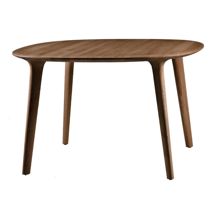 Oval wooden table with a smooth walnut finish and natural wood grain pattern. Legs in a minimalist design.