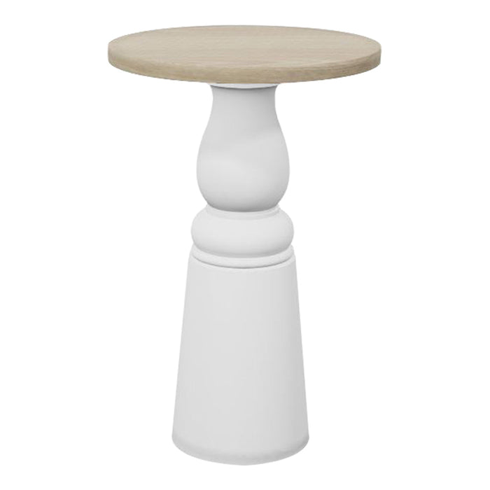White ceramic base with a natural wood top, featuring a smooth, modern design and elegant round shape.