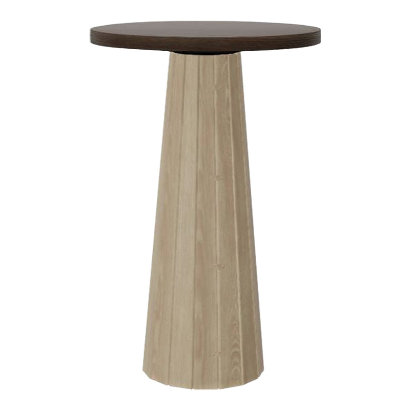 Round wooden side table with a dark brown top and a light beige ribbed base. Modern design and neutral color palette.