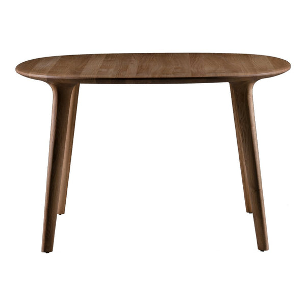 Brown oval wooden dining table with a smooth finish and tapered legs, showcasing natural wood grain patterns.
