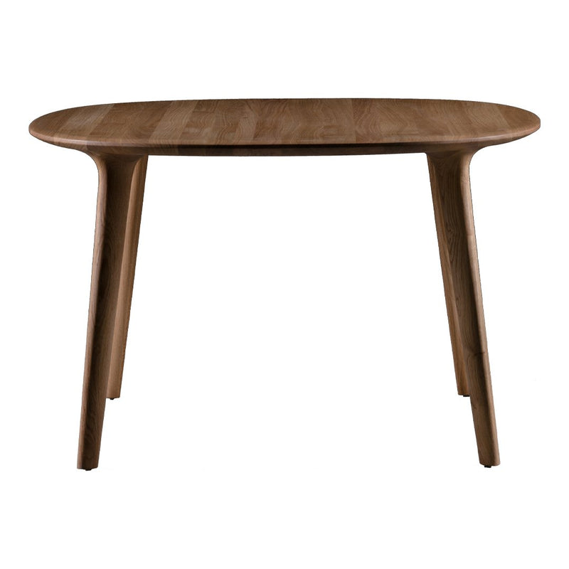 Brown oval wooden dining table with a smooth finish and tapered legs, showcasing natural wood grain patterns.