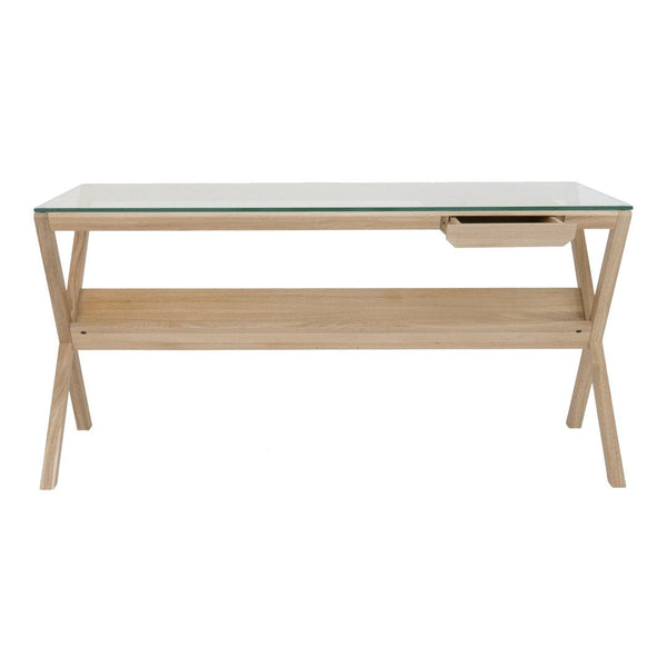 Light wooden console table with a glass top and a minimalist design, featuring natural grain patterns.