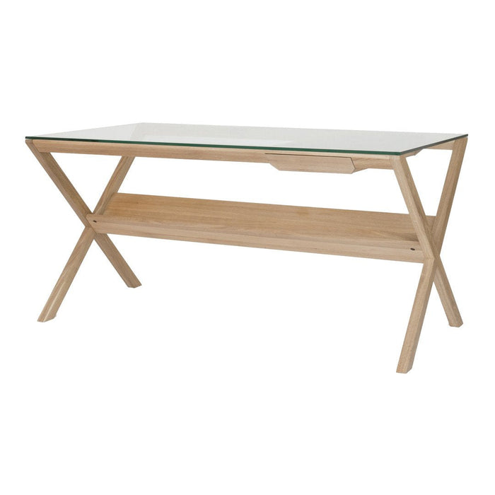 Light wood TV stand with a clear glass top and natural finish, featuring a minimalist design and simple geometric patterns.