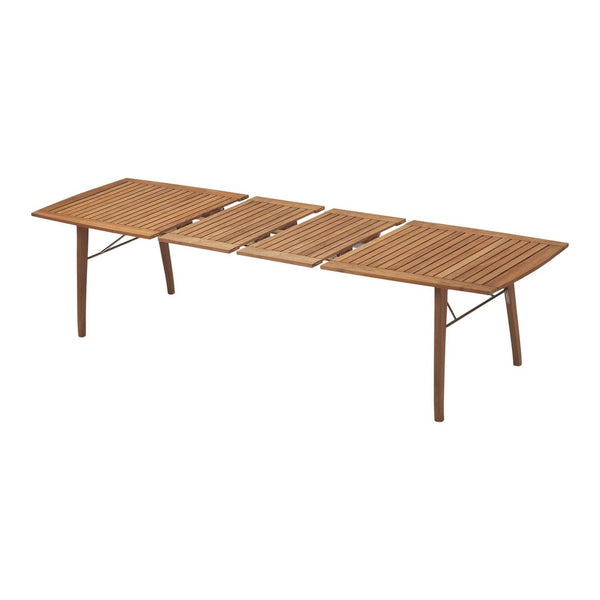 Light brown wooden table with slatted design, featuring clean lines and a modern aesthetic. Ideal for outdoor settings.