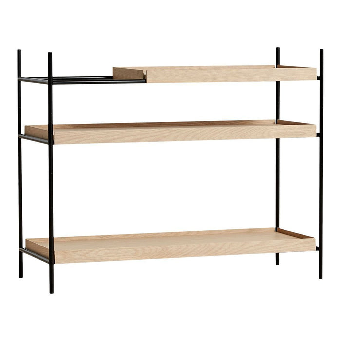 Black metal frame with light wood shelves in a minimalist design. Clean lines and natural tones for modern decor.
