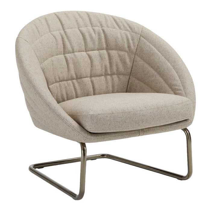 Beige upholstered chair with quilted pattern and sleek metal legs, perfect for modern decor.