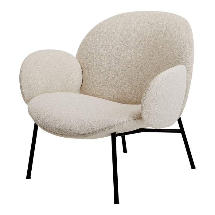 Cream-colored chair with a soft, rounded design and black metal legs for a modern touch. Ideal for contemporary interiors.