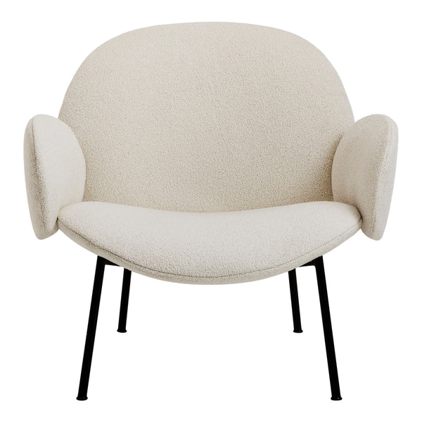 Soft beige armchair with rounded design and textured fabric, complemented by sleek black legs. Perfect for modern decor.