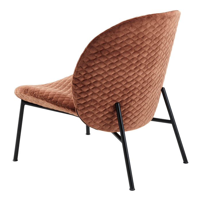 Stylish brown quilted fabric chair with sleek black legs, perfect for modern decor.