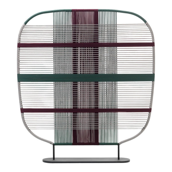 Geometric design featuring green, burgundy, and white vertical and horizontal stripes in a unique pattern.