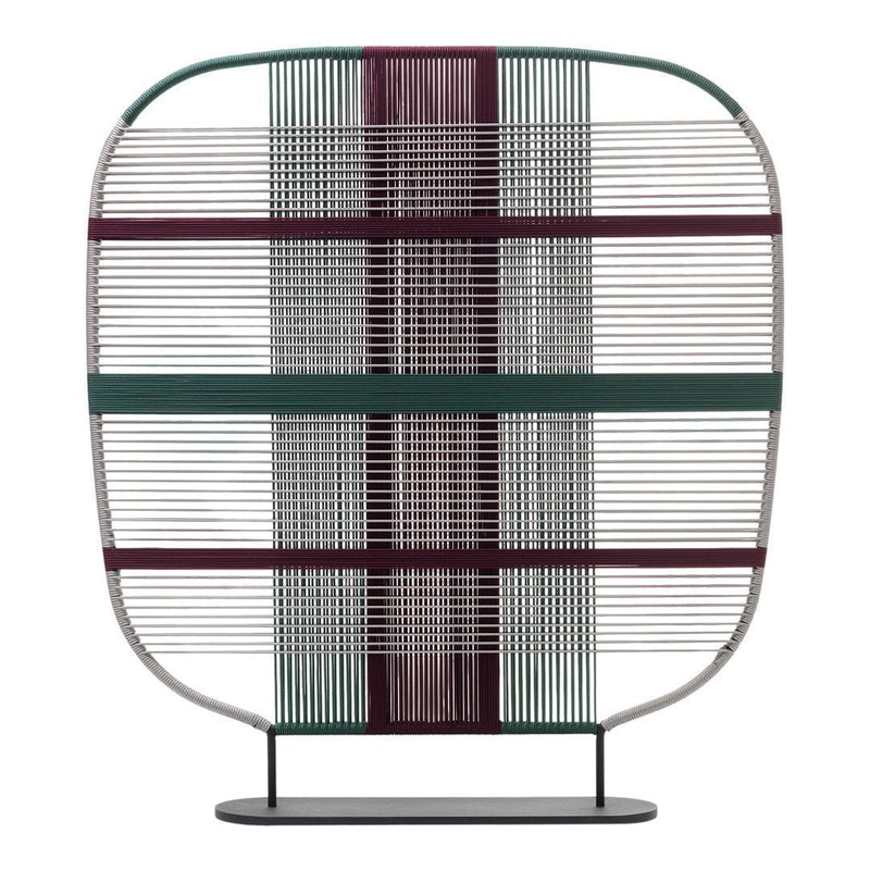 Geometric design featuring green, burgundy, and white vertical and horizontal stripes in a unique pattern.