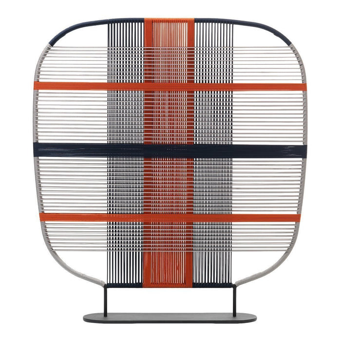 Stylish geometric design featuring navy blue, orange, and white vertical and horizontal stripes. Modern decor accent.