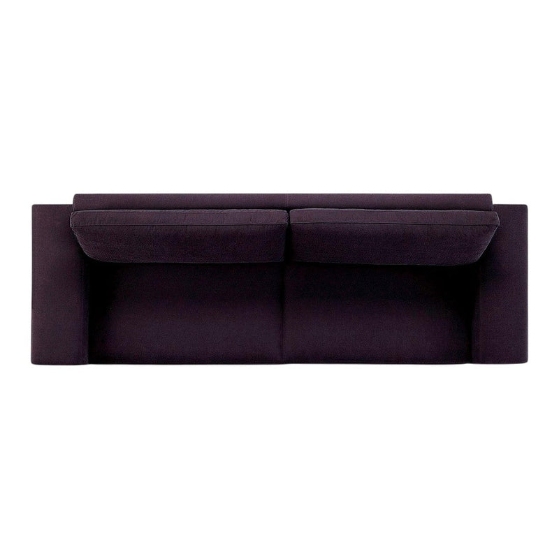 "Dark purple fabric sofa with smooth, modern design and relaxed cushions, ideal for contemporary living spaces."