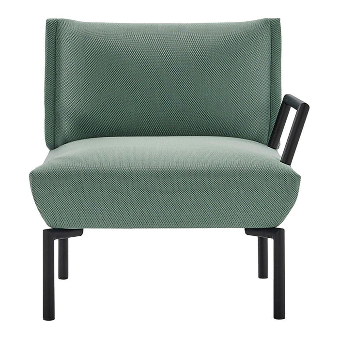 Modern green upholstered chair with a sleek black frame, featuring a minimalist design and solid color pattern.