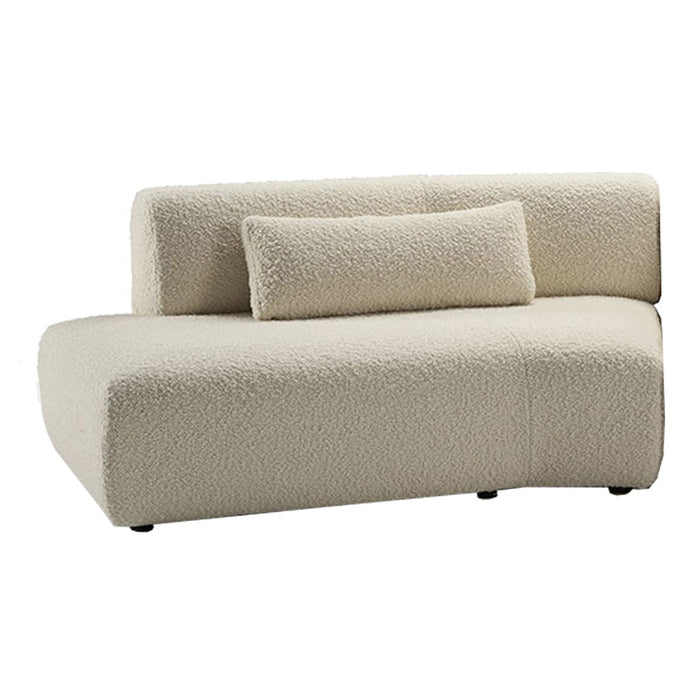 Soft beige boucle sofa with a textured fabric and minimalist design, featuring a plush back cushion.