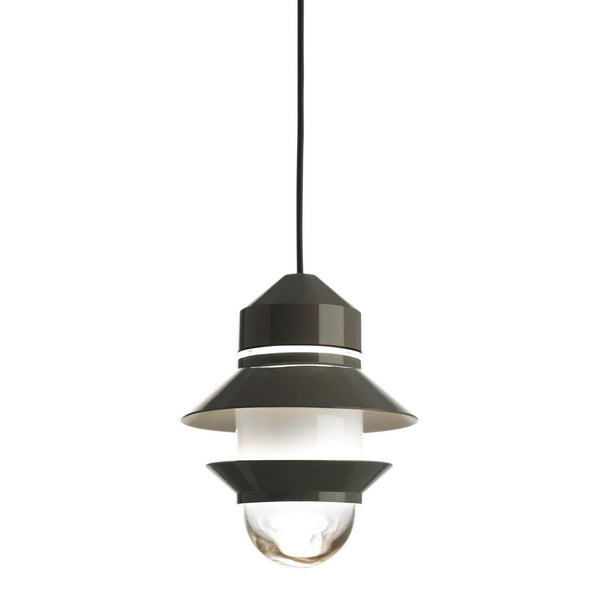 Modern pendant lamp featuring a sleek black and white design with layered geometric patterns.