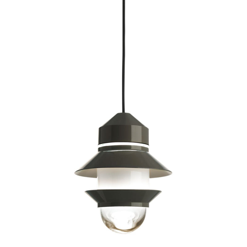 Modern pendant lamp featuring a sleek black and white design with layered geometric patterns.