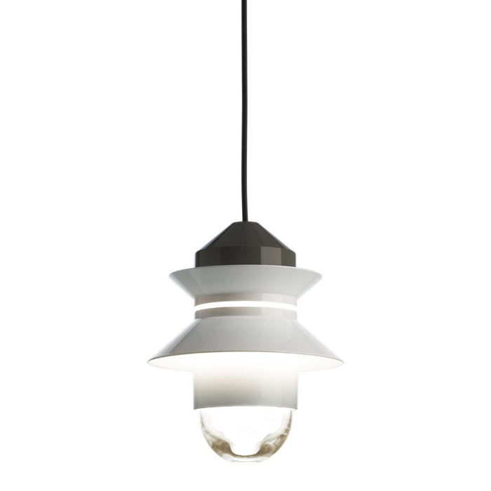 Modern pendant lamp featuring a sleek white and black design with layered patterns and a clear glass globe.