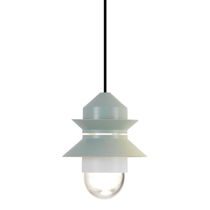 Sleek pendant lamp in soft white and light gray, featuring a modern layered design with a clear globe.