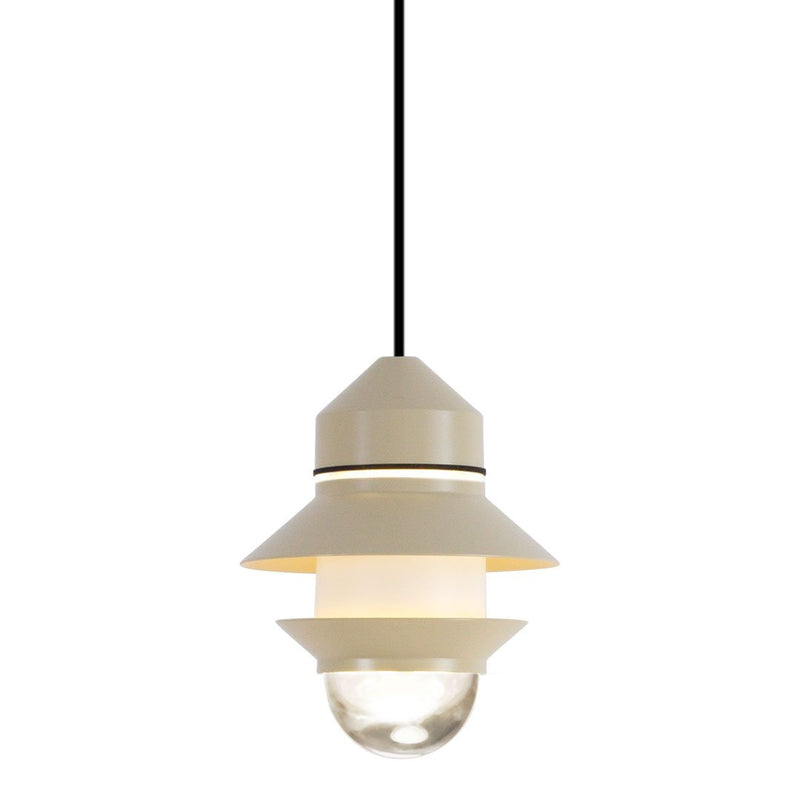"Off-white pendant lamp with layered design and clear glass globe, stylishly complemented by a black cord."