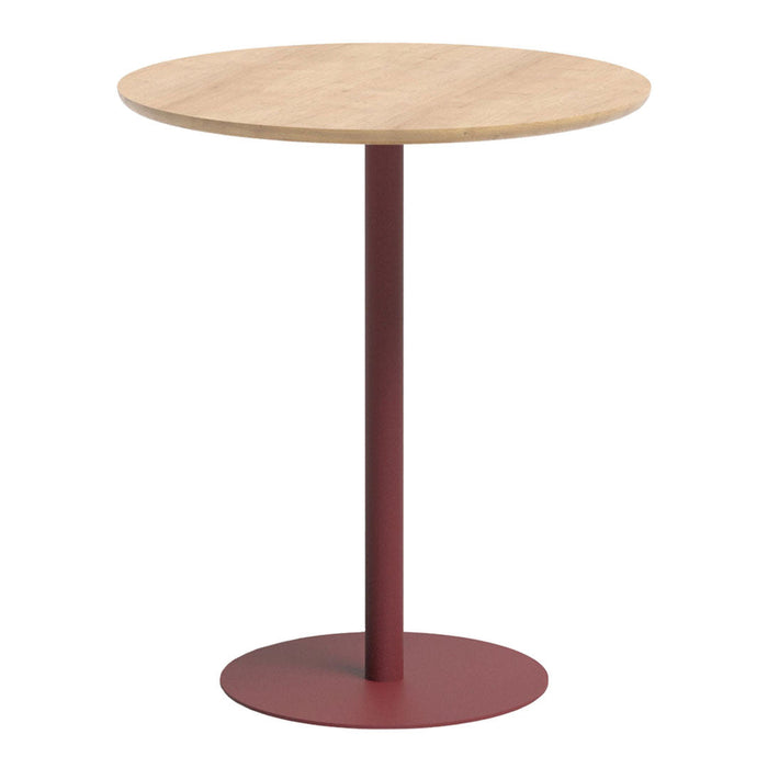 Round wooden top with light natural finish, supported by a burgundy metal base and circular pedestal.