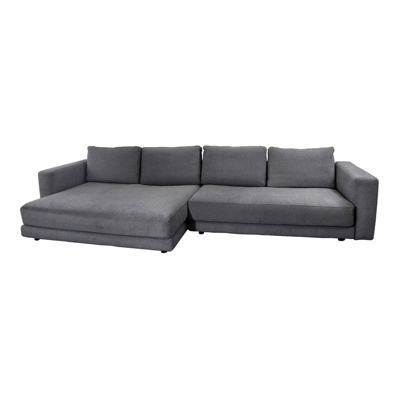 Gray sectional sofa with a smooth fabric finish and minimalist design, perfect for modern living spaces.