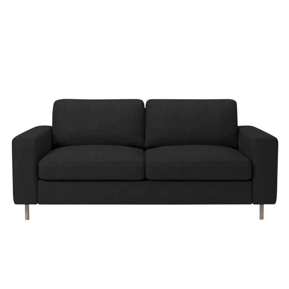 Modern black fabric sofa with a sleek design and minimalist pattern. Ideal for contemporary living spaces.