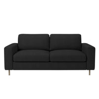 Modern black fabric sofa with a sleek design and minimalist pattern. Ideal for contemporary living spaces.