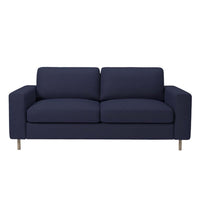 Navy blue sofa with a smooth fabric texture and modern design, featuring two wide cushions and sleek metal legs.