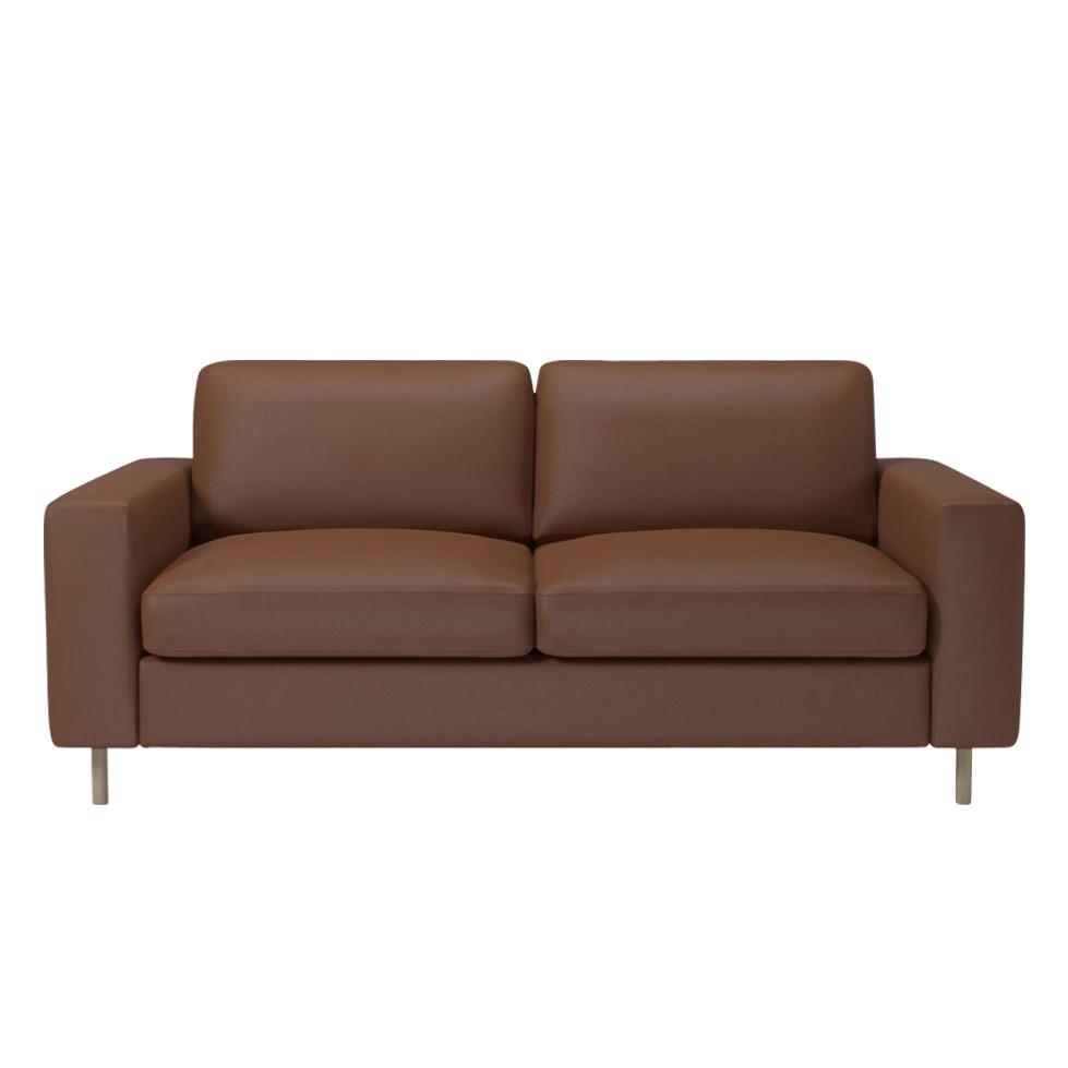 Brown leather sofa with a minimalist design and sleek metal legs, perfect for modern living spaces.