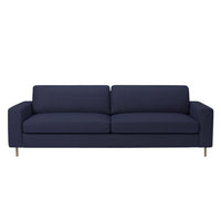 Navy blue upholstered sofa with sleek, modern design and no visible patterns.