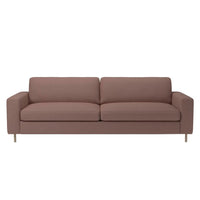 Modern two-seat sofa in a soft mauve hue with a minimalist design and smooth fabric texture.