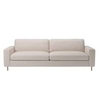 Light beige modern sofa with a textured fabric and minimalist design, featuring straight lines and no patterns.