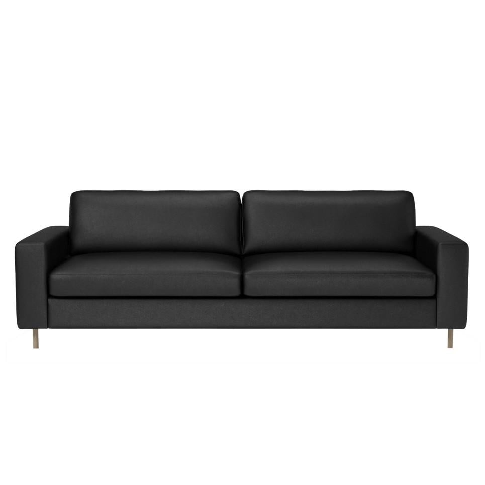 Modern black leather sofa with a sleek, minimalist design and subtle stitching details, perfect for any living space.