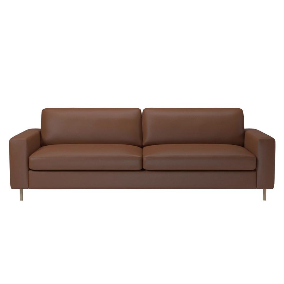 Brown leather sofa with a sleek modern design and minimalist style, featuring smooth, no-pattern upholstery.