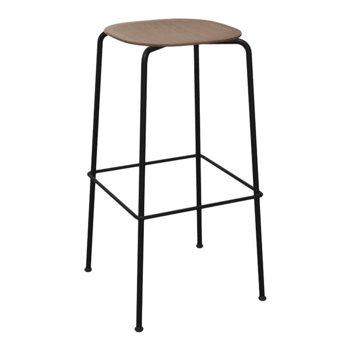 Wooden top with a warm brown finish, supported by sleek black metal legs; minimalist design suitable for modern decor.