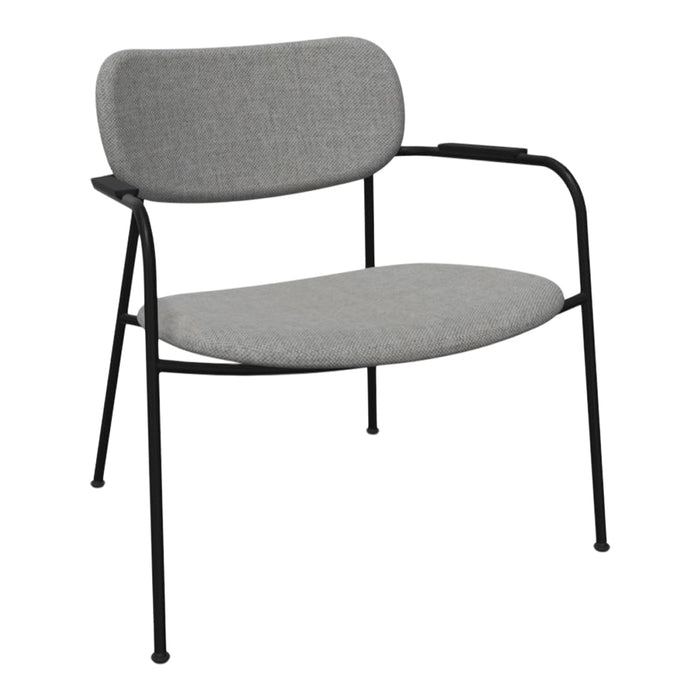 Gray upholstered chair with a simple, modern design and black metal frame. Perfect for contemporary interiors.