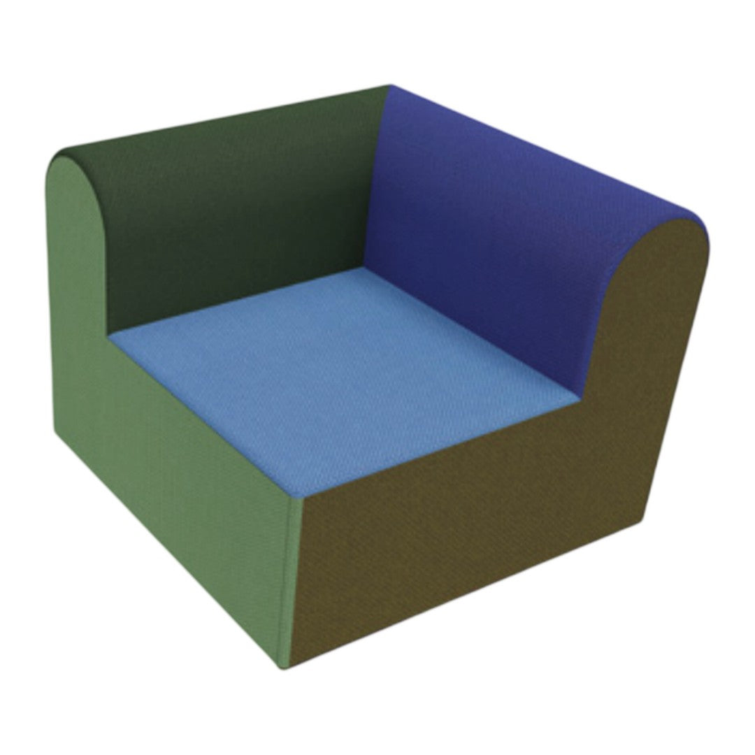 Multicolored square armchair featuring green, blue, and purple upholstery in a modern, geometric design.