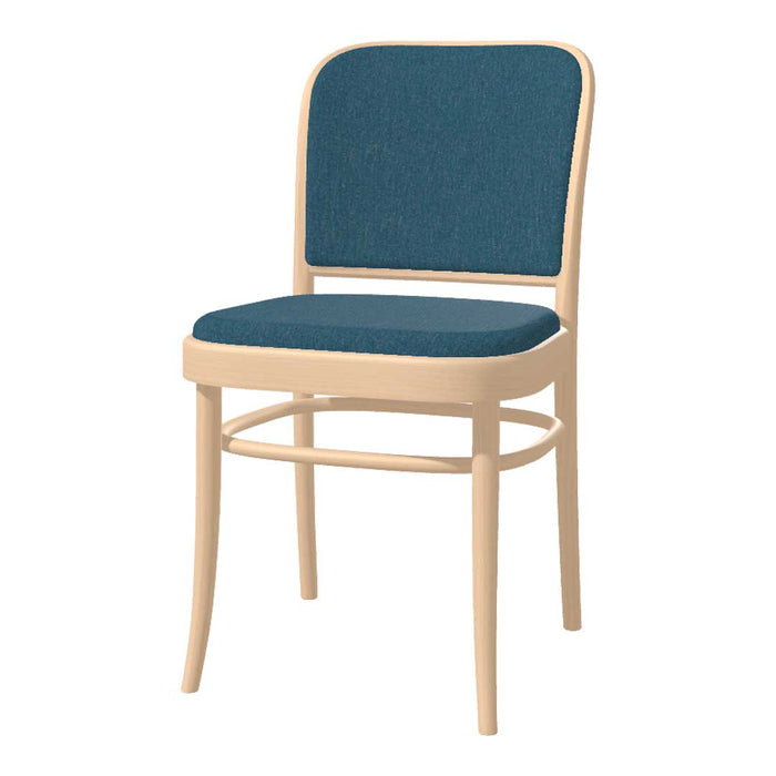 Blue upholstered seat and backrest with a light wood frame, featuring a simple and modern design.