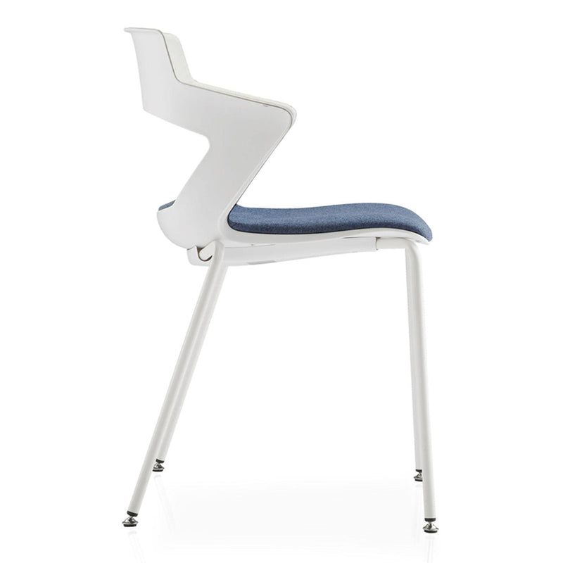 Modern white chair with a sleek design and blue fabric seat, perfect for stylish interiors.