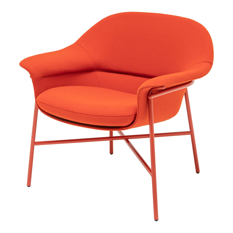 Vibrant orange chair with smooth curves and a minimalist wire frame, perfect for modern decor.