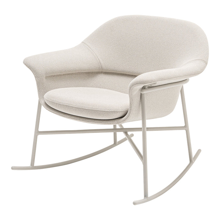 Soft white rocking chair with a smooth, minimalist design and subtle fabric texture. Perfect for modern spaces.