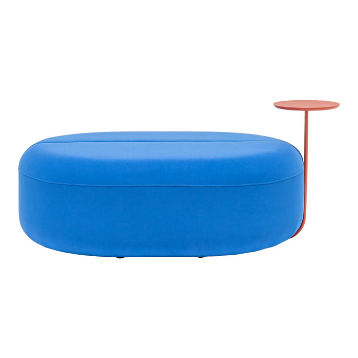 Vibrant blue oval ottoman with a sleek red side table attachment. Modern design, perfect for stylish interiors.